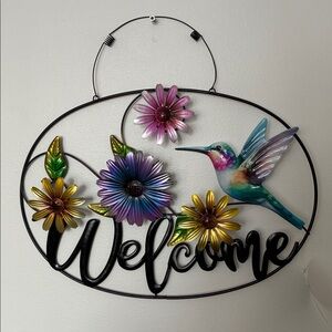 NWT- Colorful Round Metal Welcome Sign with Hummingbird and Flowers